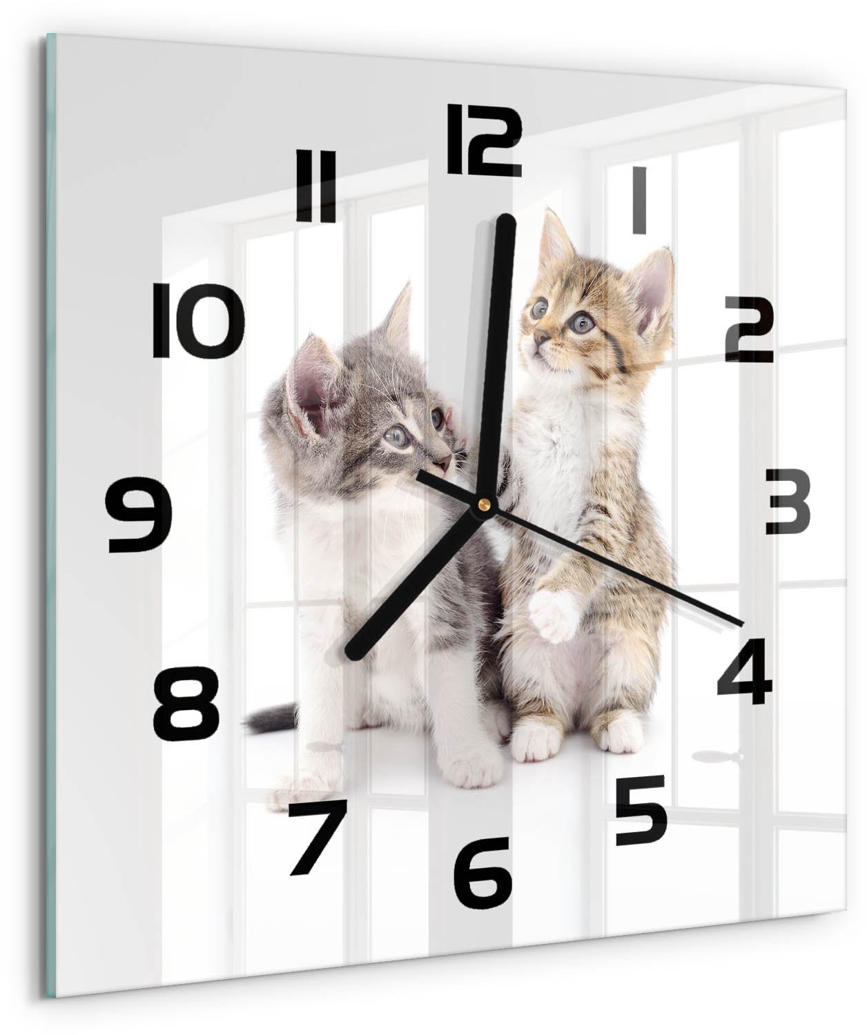 TULUP Wandklok - Twee kleine katjes Gekleurde Glazen Klok - 30x30 cm - Beige Glazen Klok Met Print - Zwarte handen - Vierkante Klok - Moderne Wandklok Glas - Wandklok Glas Decoratie