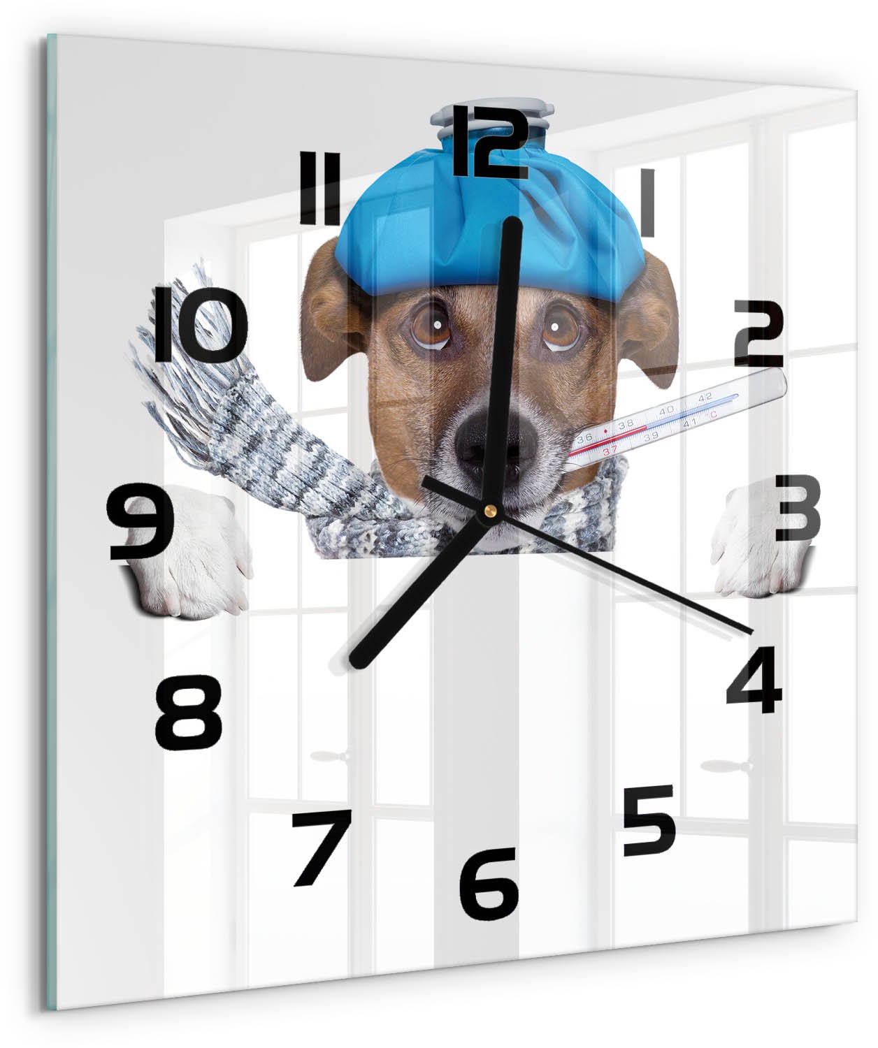TULUP Wandklok - Zieke hond Wandklok Glas Met Motief - 30x30 cm - Blauw Decoratieve Glazen Klok - Zwarte handen - Vierkante Klok - Gekleurde Glazen Klok - Glazen Klok Met Print