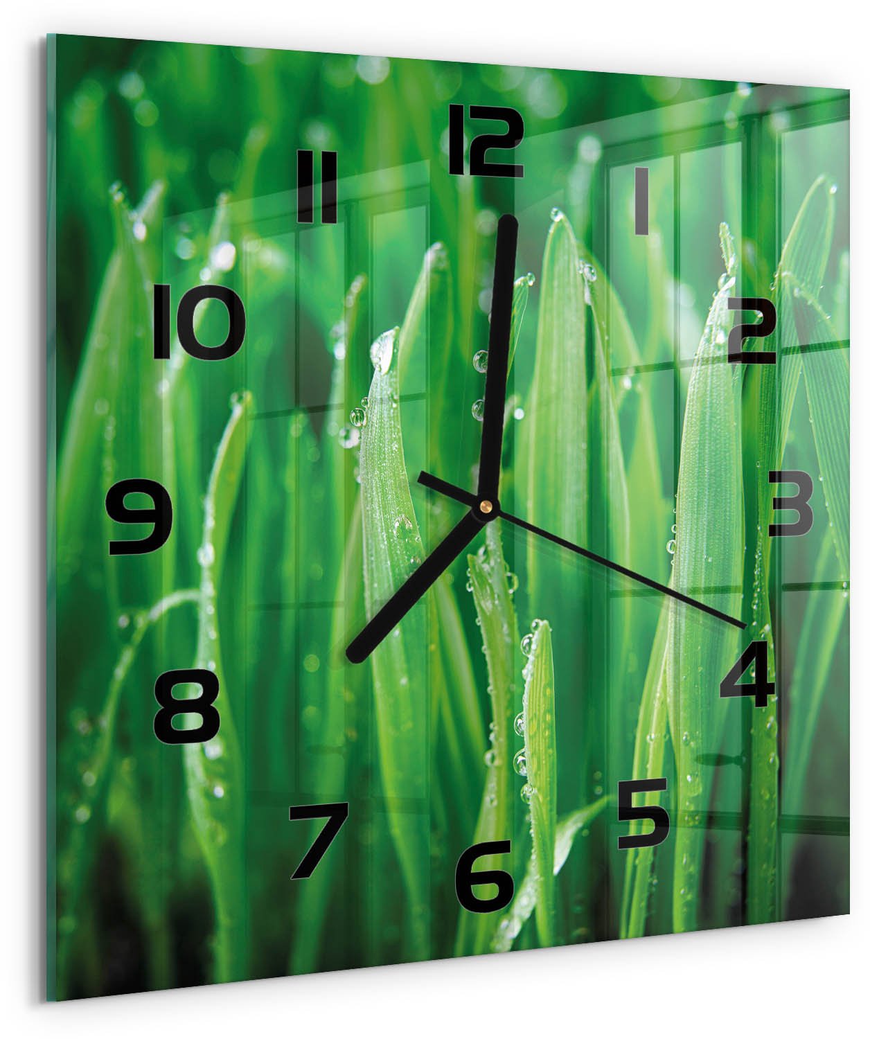 TULUP Wandklok - Gras Glazen Wandklok Design - 30x30 cm - Groente Klok Glas Met Opdruk - Zwarte handen - Vierkante Klok - Wandklok Glas Met Motief - Decoratieve Glazen Klok