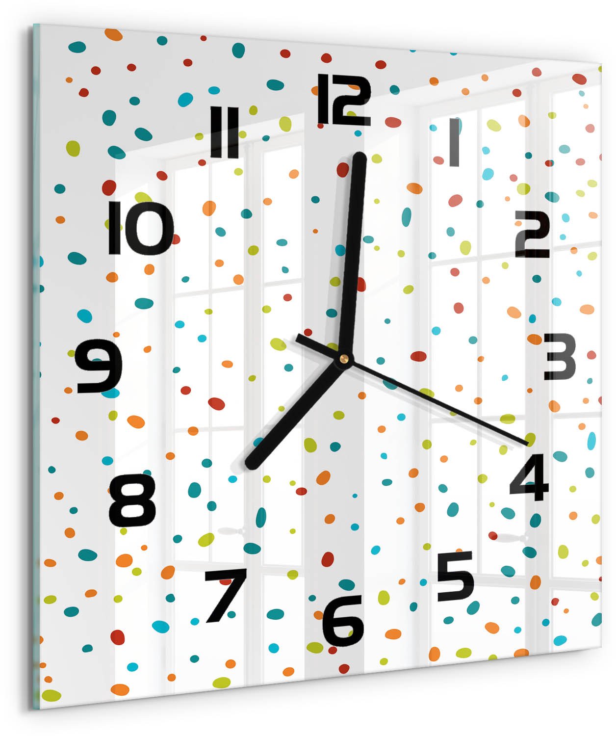 TULUP Wandklok - Kleurrijke stippen Gekleurde Glazen Klok - 30x30 cm - Veelkleurig Glazen Klok Met Print - Zwarte handen - Vierkante Klok - Moderne Wandklok Glas - Wandklok Glas Decoratie