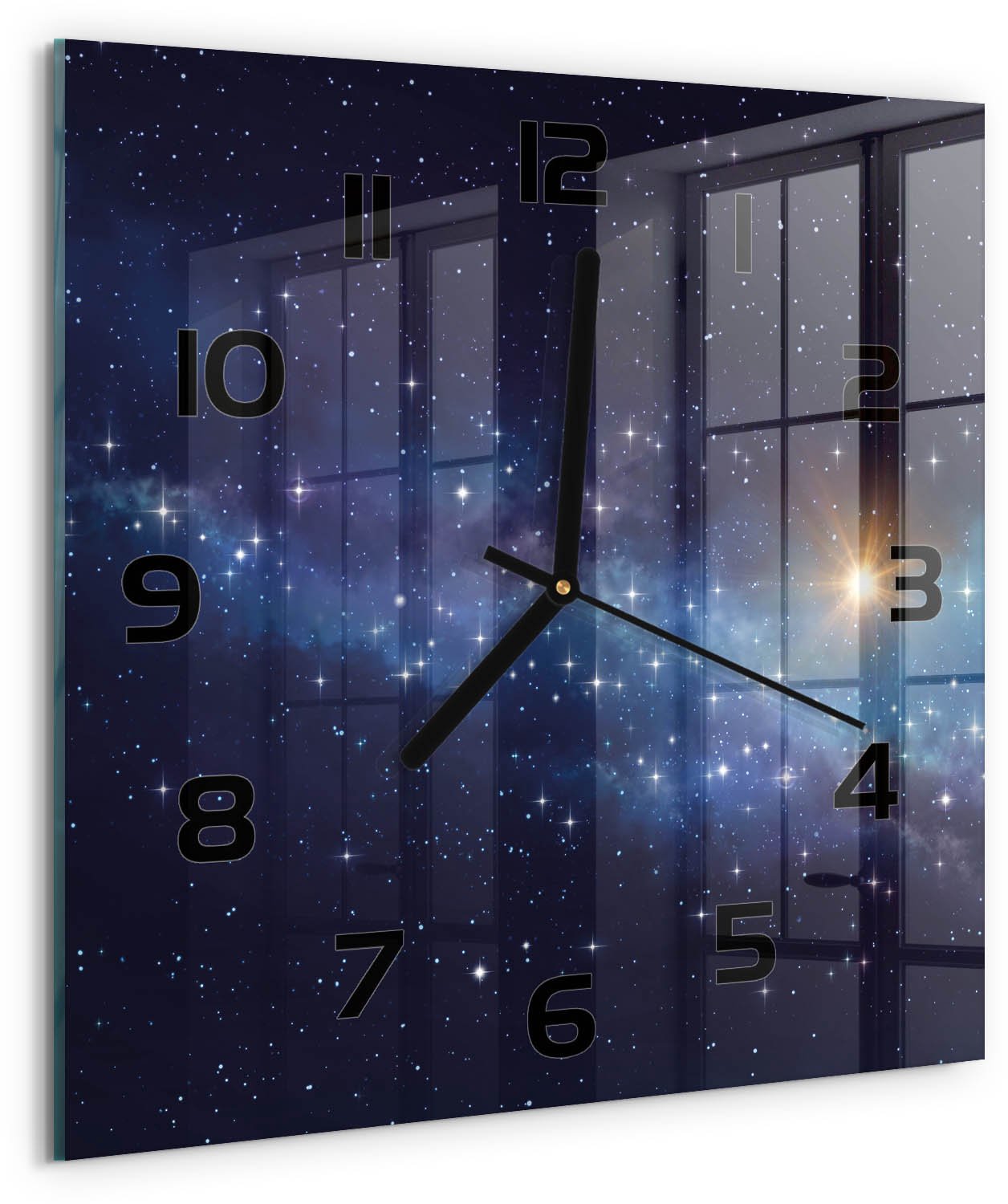 Tulup Wandklok - Melkwegstelsel Glazen Wandklok Design - 30x30 cm - Blauw Klok Glas Met Opdruk - Zwarte handen - Vierkante Klok - Wandklok Glas Met Motief - Decoratieve Glazen Klok