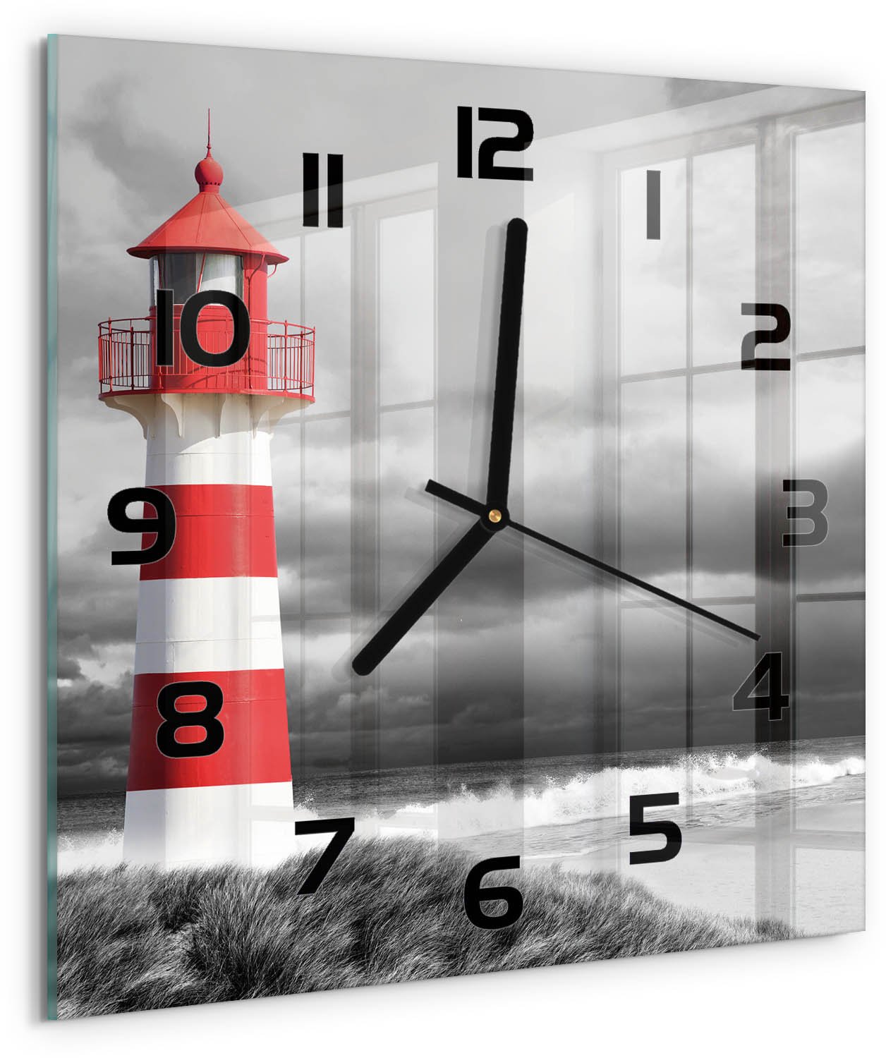 Tulup Wandklok - Vuurtoren Moderne Wandklok Glas - 30x30 cm - Rood Wandklok Glas Decoratie - Zwarte handen - Vierkante Klok - Glazen Wandklok Design - Klok Glas Met Opdruk