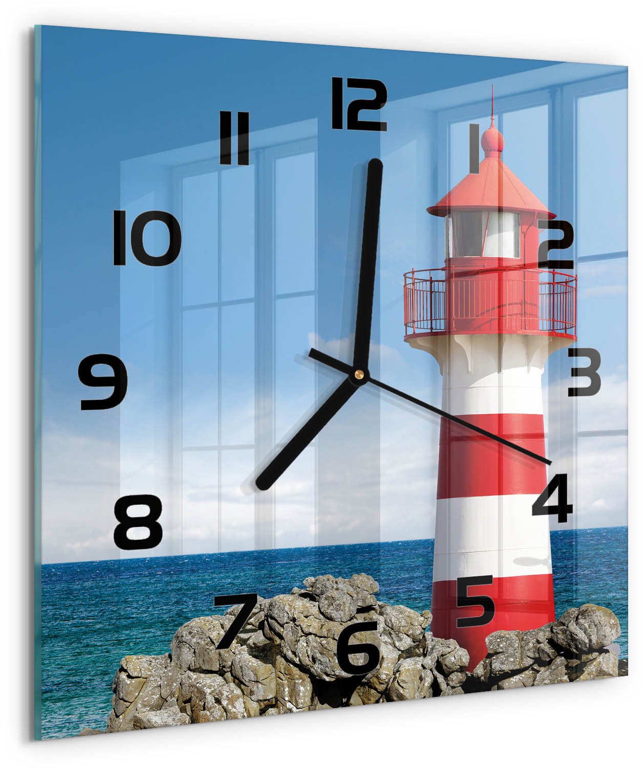 Tulup Wandklok - Vuurtoren Klok Glas Met Opdruk - 30x30 cm - Rood Moderne Wandklok Glas - Zwarte handen - Vierkante Klok - Decoratieve Glazen Klok - Glazen Wandklok Design