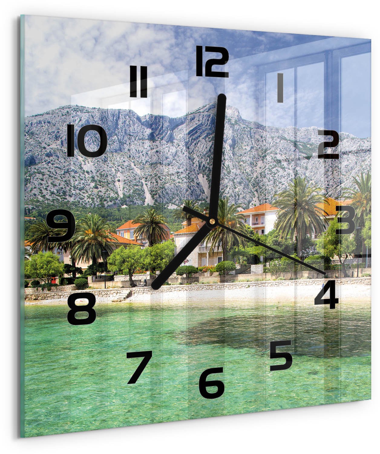 TULUP Wandklok - Strand in Kroatië Klok Glas Met Opdruk - 30x30 cm - Groente Moderne Wandklok Glas - Zwarte handen - Vierkante Klok - Decoratieve Glazen Klok - Glazen Wandklok Design