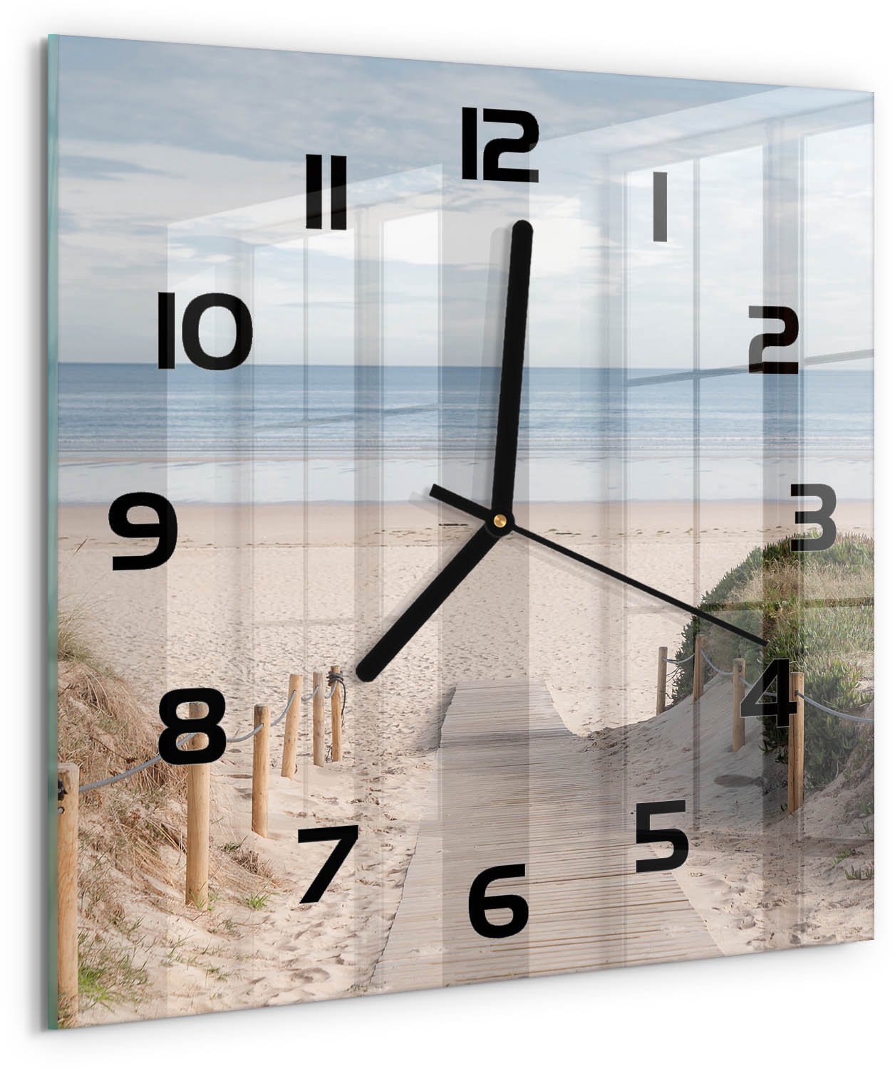 Tulup Wandklok - De weg naar het strand Decoratieve Glazen Klok - 30x30 cm - Beige Glazen Wandklok Design - Zwarte handen - Vierkante Klok - Glazen Klok Met Print - Wandklok Glas Met Motief