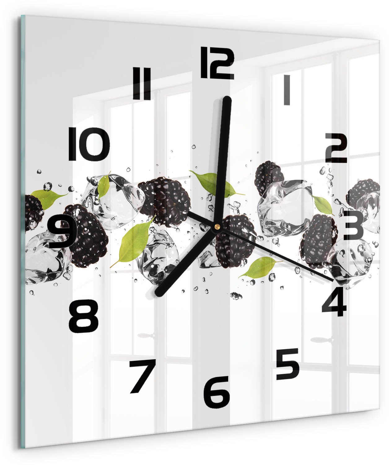 TULUP Wandklok - Zoete kersen en water Moderne Wandklok Glas - 30x30 cm - Zwart Wandklok Glas Decoratie - Zwarte handen - Vierkante Klok - Glazen Wandklok Design - Klok Glas Met Opdruk