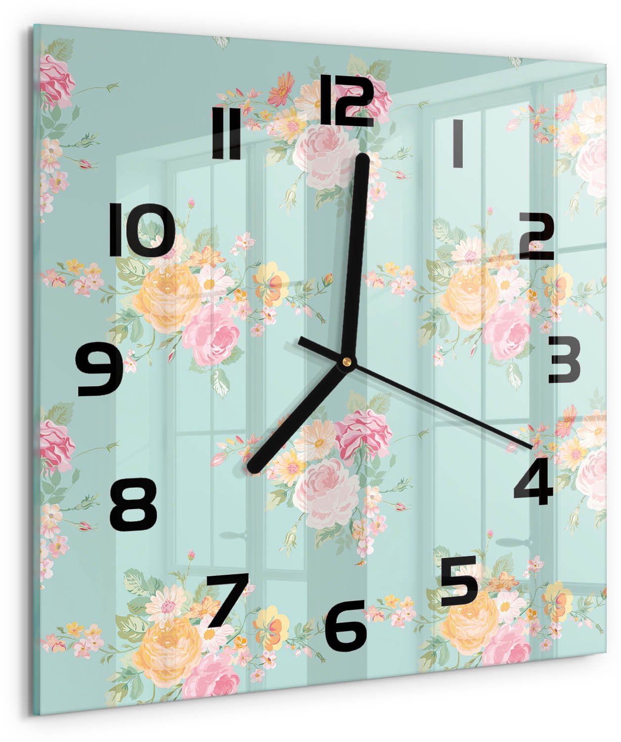 TULUP Wandklok - Bloemenpatroon Glazen Wandklok Design - 30x30 cm - Veelkleurig Klok Glas Met Opdruk - Zwarte handen - Vierkante Klok - Wandklok Glas Met Motief - Decoratieve Glazen Klok