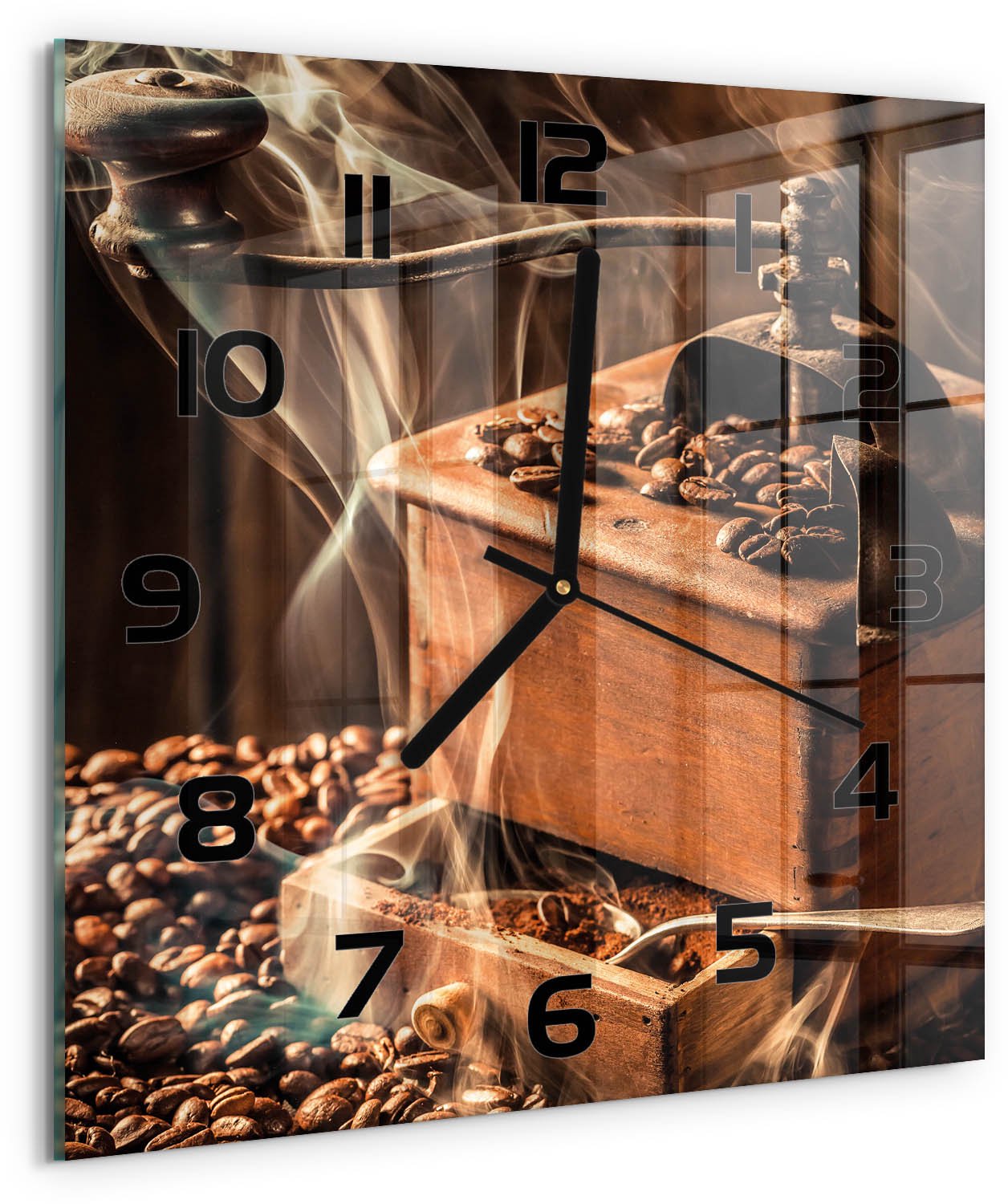 TULUP Wandklok - Koffiebonen Klok Glas Met Opdruk - 30x30 cm - Bruin Moderne Wandklok Glas - Zwarte handen - Vierkante Klok - Decoratieve Glazen Klok - Glazen Wandklok Design