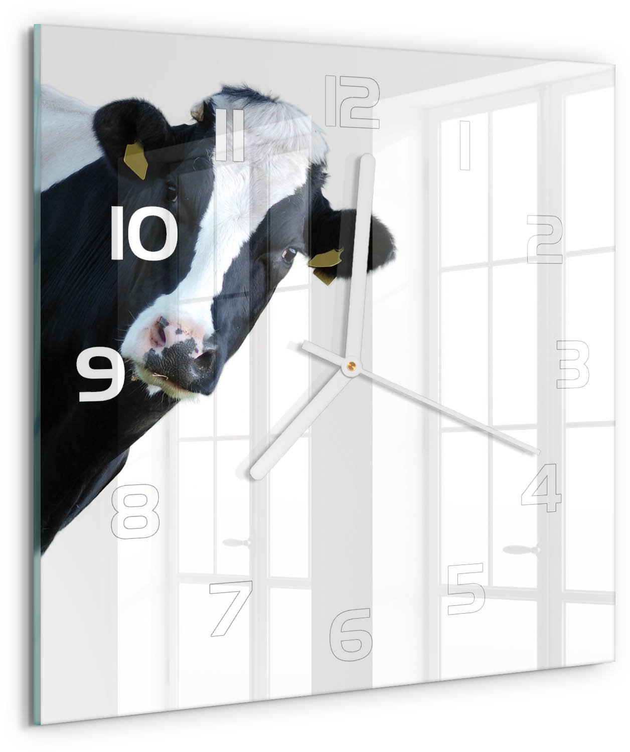Tulup Wandklok - Koe Moderne Wandklok Glas - 30x30 cm - Zwart-wit Wandklok Glas Decoratie - Witte handen - Vierkante Klok - Glazen Wandklok Design - Klok Glas Met Opdruk