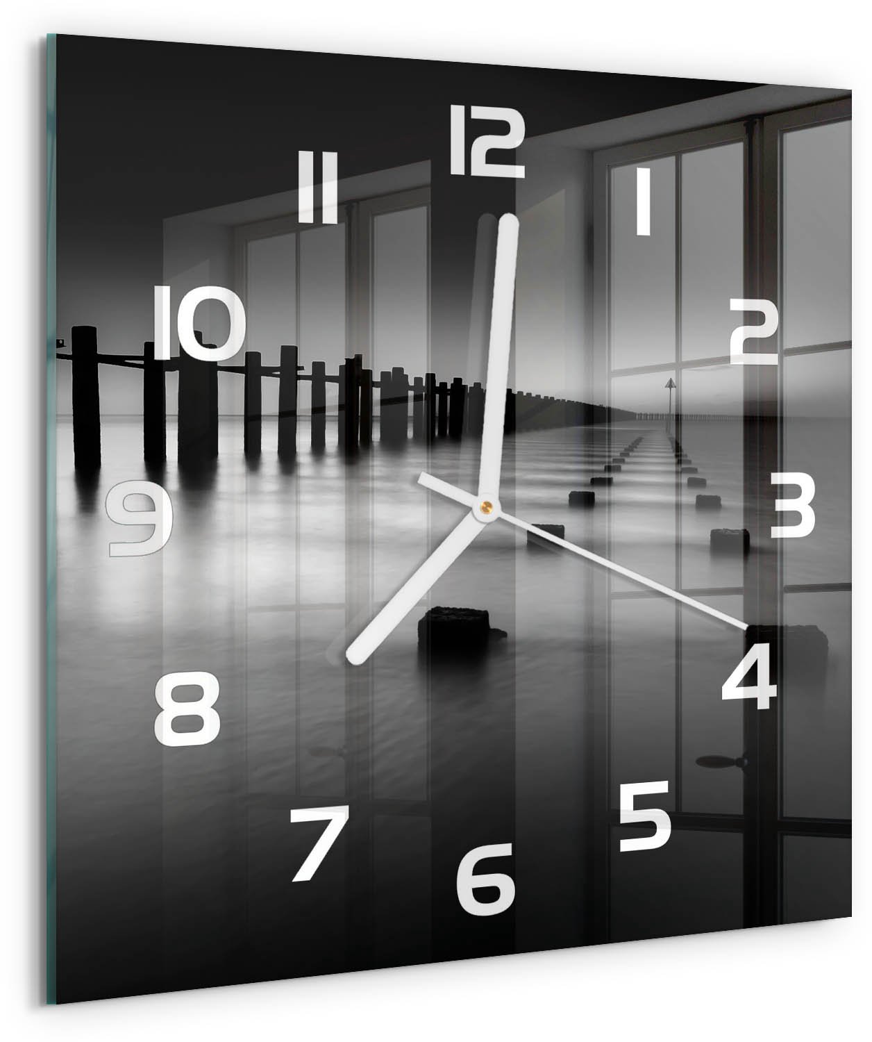Tulup Wandklok - De golfbreker van de Theems Wandklok Glas Met Motief - 30x30 cm - Zwart-wit Decoratieve Glazen Klok - Witte handen - Vierkante Klok - Gekleurde Glazen Klok - Glazen Klok Met Print