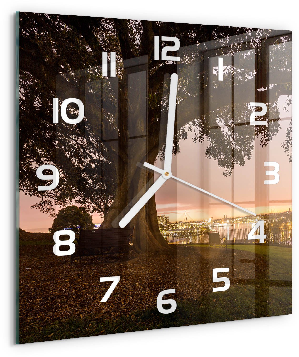 Tulup Wandklok - Oude boom Gekleurde Glazen Klok - 30x30 cm - Veelkleurig Glazen Klok Met Print - Witte handen - Vierkante Klok - Moderne Wandklok Glas - Wandklok Glas Decoratie