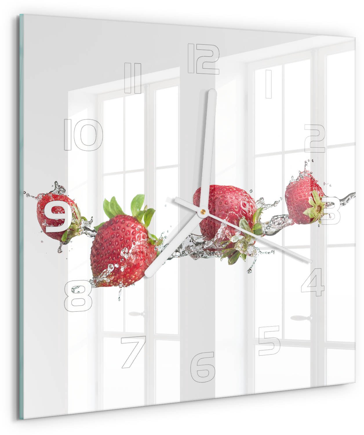 Tulup Wandklok - Aardbeien en water Glazen Klok Met Print - 30x30 cm - Rood Wandklok Glas Met Motief - Witte handen - Vierkante Klok - Wandklok Glas Decoratie - Gekleurde Glazen Klok