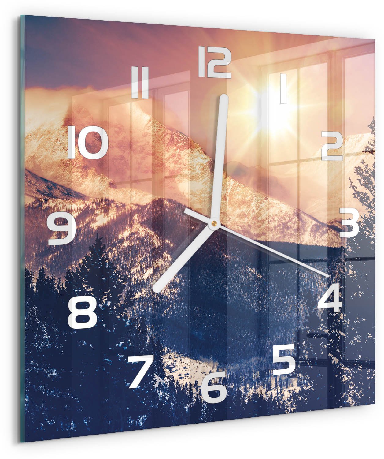 Tulup Wandklok - De zon boven de bergen Moderne Wandklok Glas - 30x30 cm - Geel Wandklok Glas Decoratie - Witte handen - Vierkante Klok - Glazen Wandklok Design - Klok Glas Met Opdruk