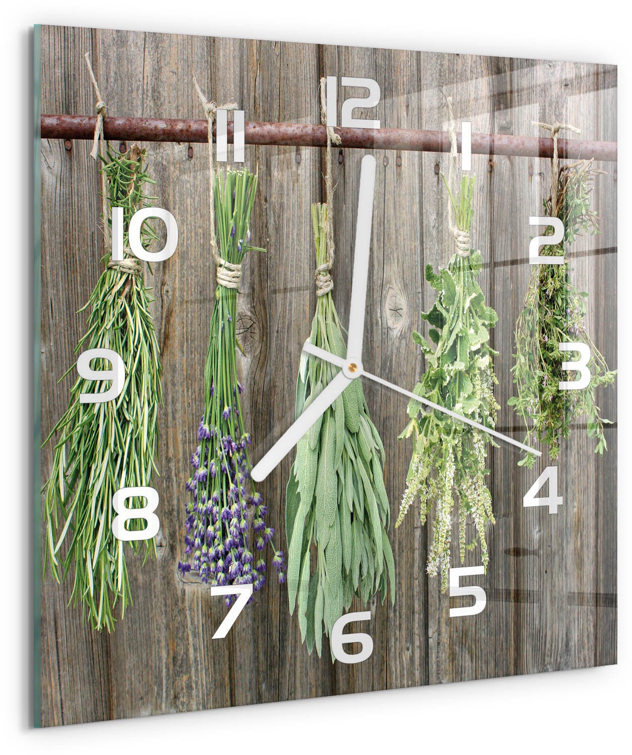 Tulup Wandklok - Kruiden aan een touwtje Klok Glas Met Opdruk - 30x30 cm - Groente Moderne Wandklok Glas - Witte handen - Vierkante Klok - Decoratieve Glazen Klok - Glazen Wandklok Design
