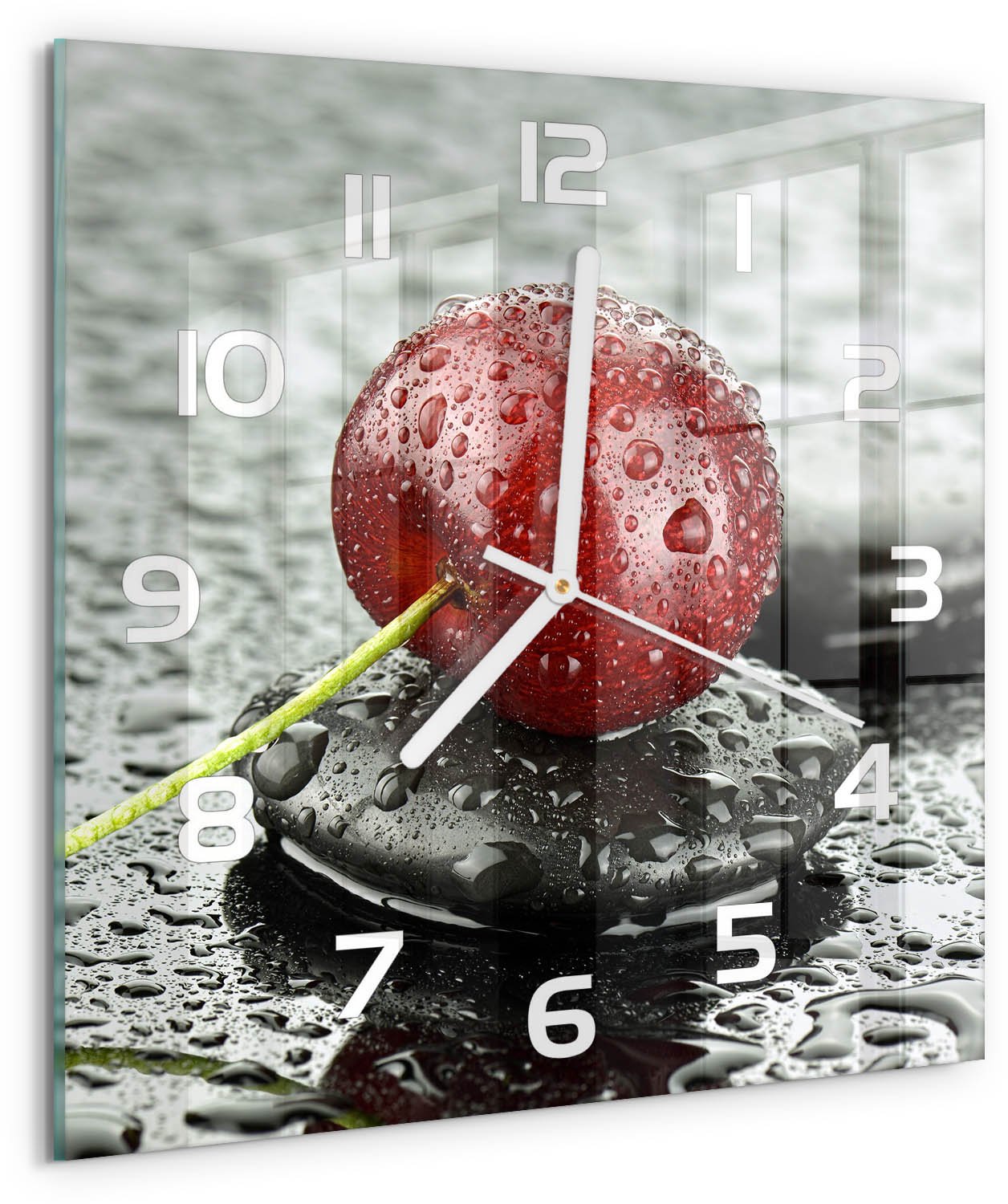 Tulup Wandklok - Kers in de regen Glazen Wandklok Design - 30x30 cm - Rood Klok Glas Met Opdruk - Witte handen - Vierkante Klok - Wandklok Glas Met Motief - Decoratieve Glazen Klok