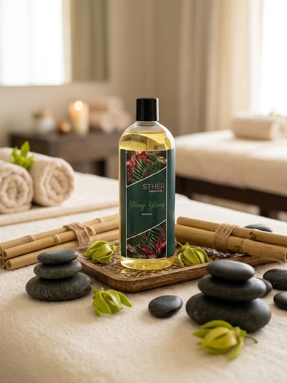 Sther Premium Massageolie - Ylang Ylang - 250ml - 100% Plantaardig - Voedende Huidolie - Voor Ontspanning & Intimiteit thumbnail 3
