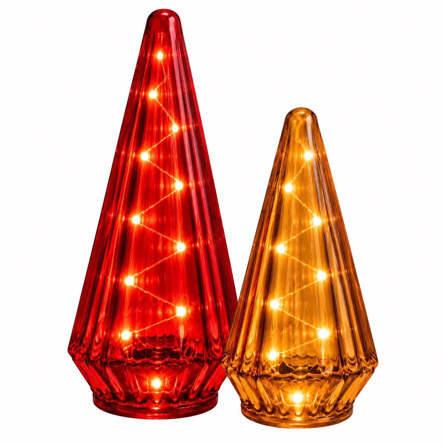WinQ Glazen Kerstboom met LED Verlichting- Set 2 – Rood/ Oranje– Kerstdecoratie voor Binnen –H:24 en 33cm