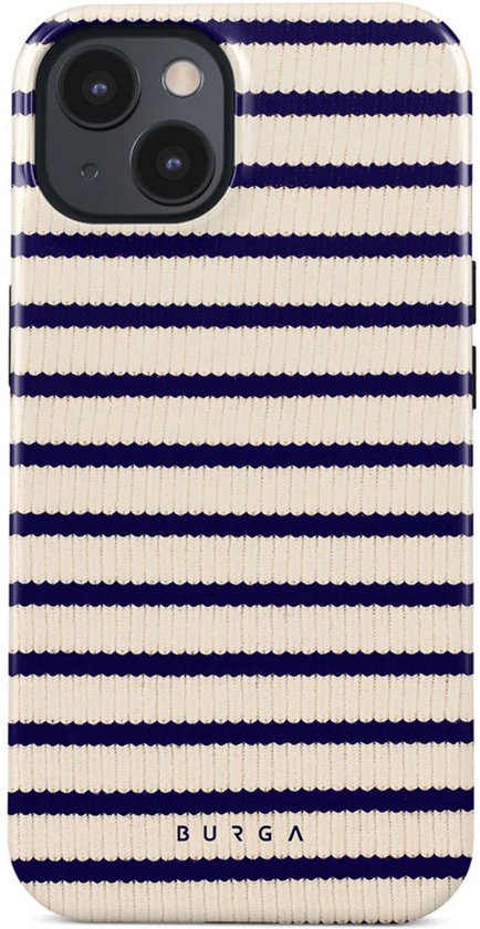 Burga iPhone hoesje met een marineblauw en crème gestreept breipatroon en het Burga logo onderaan.
