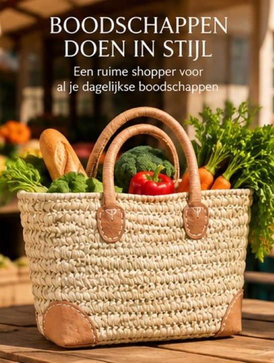 Rieten boodschappentas gevuld met brood, groenten en fruit, op een houten tafel.