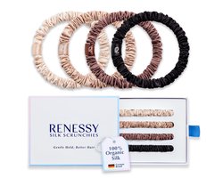 RENESSY Silk Hair Scrunchies, 100% Organic Silk, Skinny 4-Pack, 22 Momme 6A