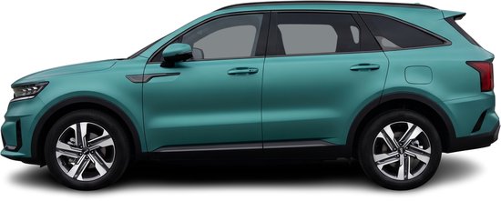 Zijprofiel van een teal Kia Sorento 2020-heden, 7-zits SUV met zilveren velgen.