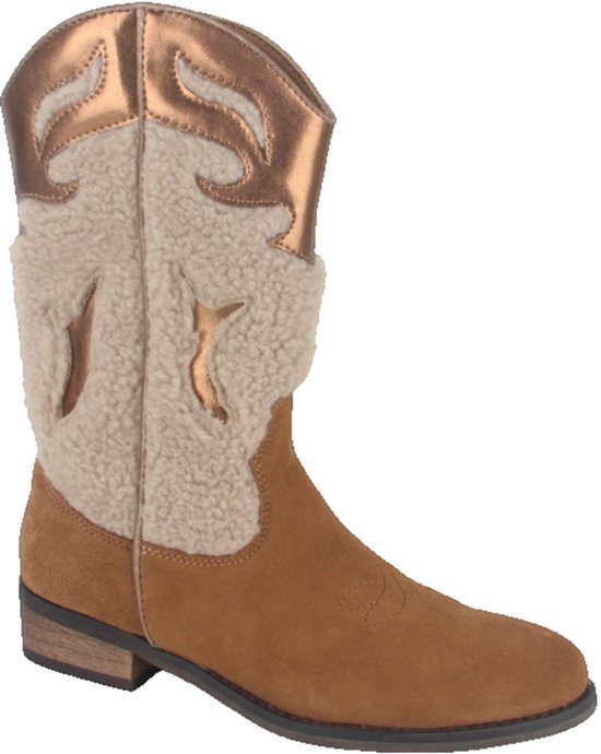 Bruine suède cowboylaars met beige imitatiebont en koperkleurige accenten en een lage houten hak.