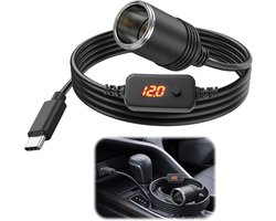 Adapter USB C naar Sigarettenaansteker 1,2m - LED Voltmeter - Instelbare Voltage 5V/9V/12V - Voor GPS en Dashcam - Vemera