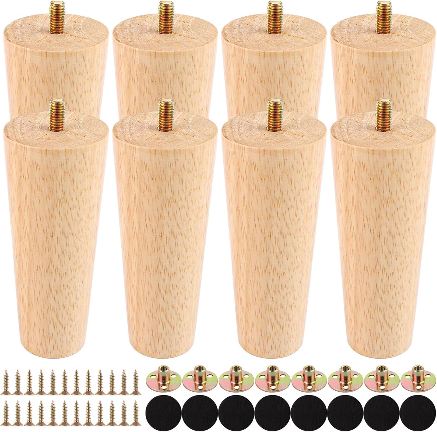 SnelShoppen - 8 Stuks Houten Meubelpoten Conisch 12cm met Draad - Stevige Rubber Hout voor Sofa, Kast, Stoel, Tafel en DIY Renovatie - Inclusief Beves