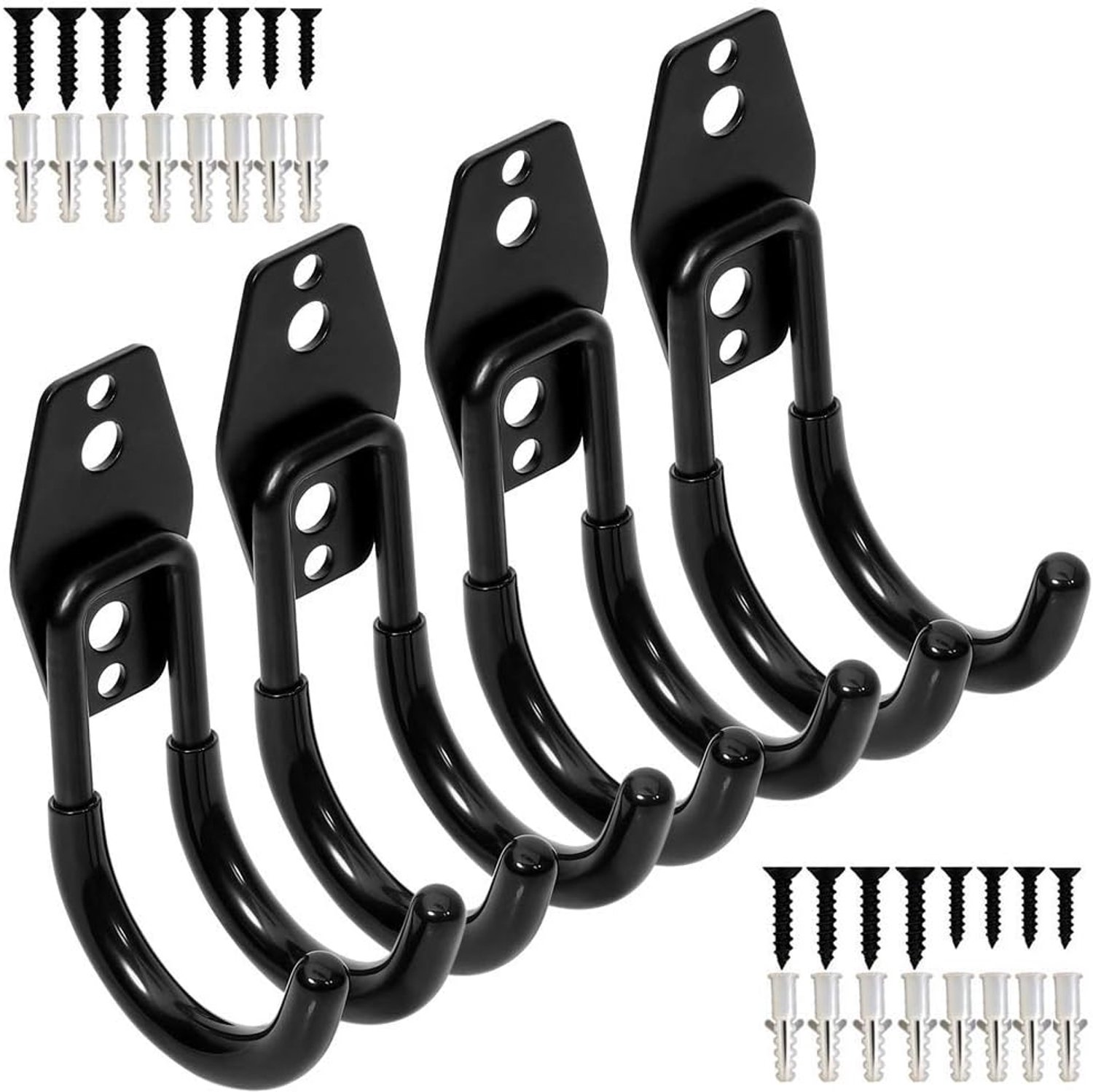 SnelShoppen - Garage Lagerung Doppelhooks, Zware Wandhouder Organizer voor Tuin- en Sportgereedschap, 4-Pack Zwarte 6.5cm J-Haak met Anti-Rutsch Coati
