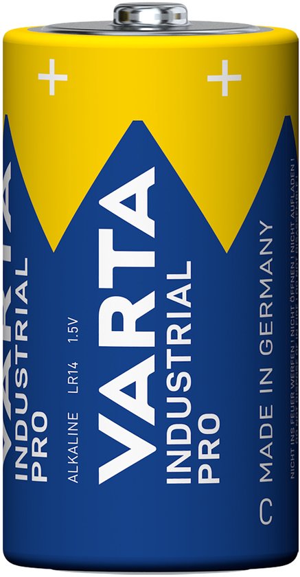 Pile Varta Industrial Pro C. Jaune et bleu avec le texte 'VARTA INDUSTRIAL PRO'. Fabriqué en Allemagne.