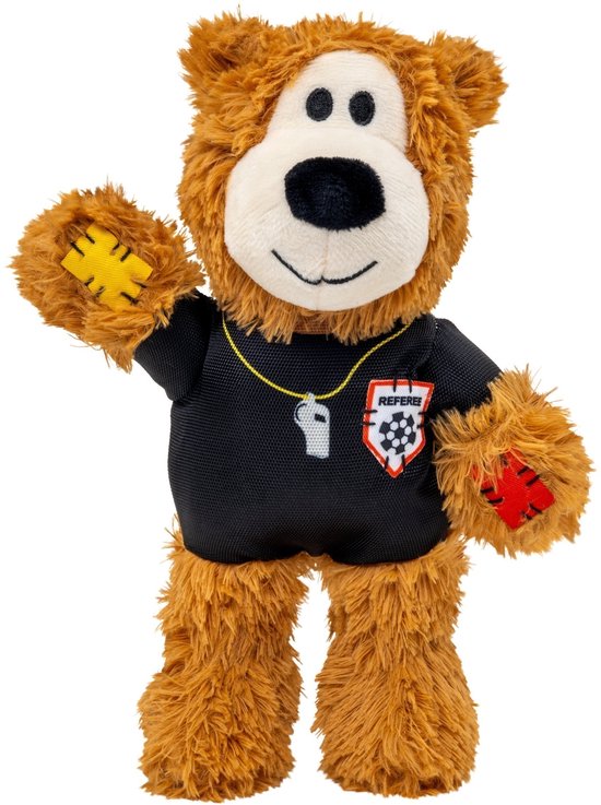 Bruine teddybeer als scheidsrechter met een zwart shirt en een patch met een voetbal. Geel en rood verband op de poten.