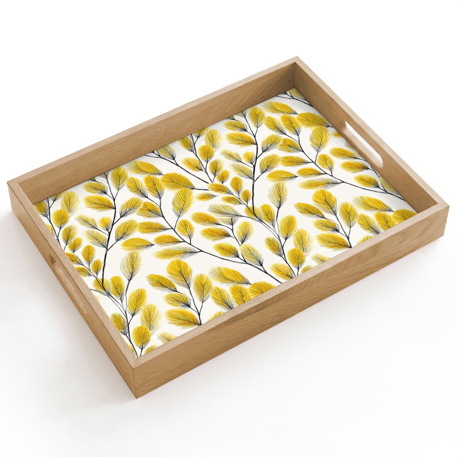 Dienblad hout 40x30 cm - Schootdienblad - Bladeren - Botanisch - Elegant - Geel - Zwart - Borrelplank rechthoek - Plateau dienbladen