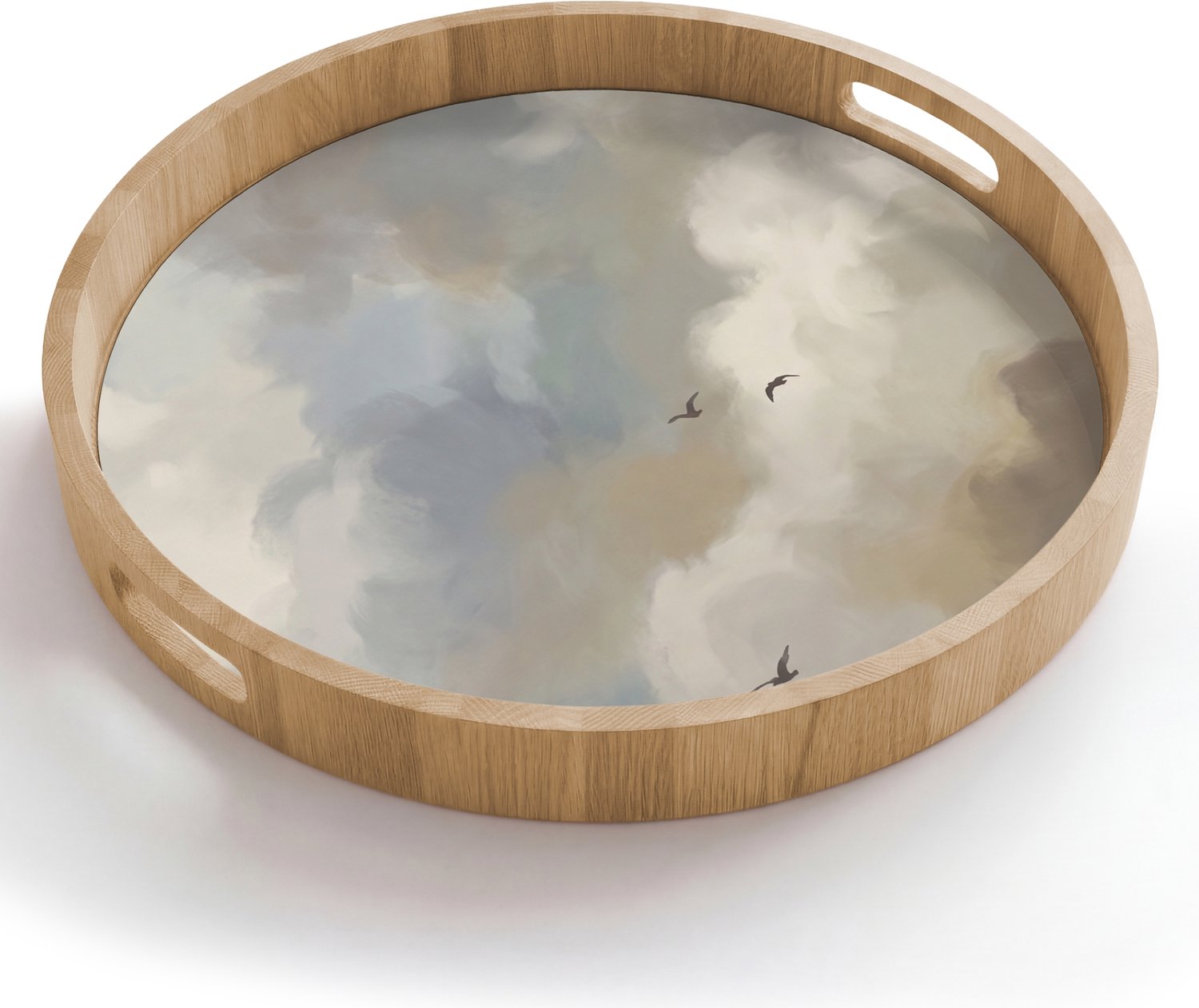 Dienblad rond 50x50 cm - Schootdienblad hout - Vogel - Wolken - Natuur - Modern - Grijs - Borrelplank rechthoek - Plateau houten dienbladen