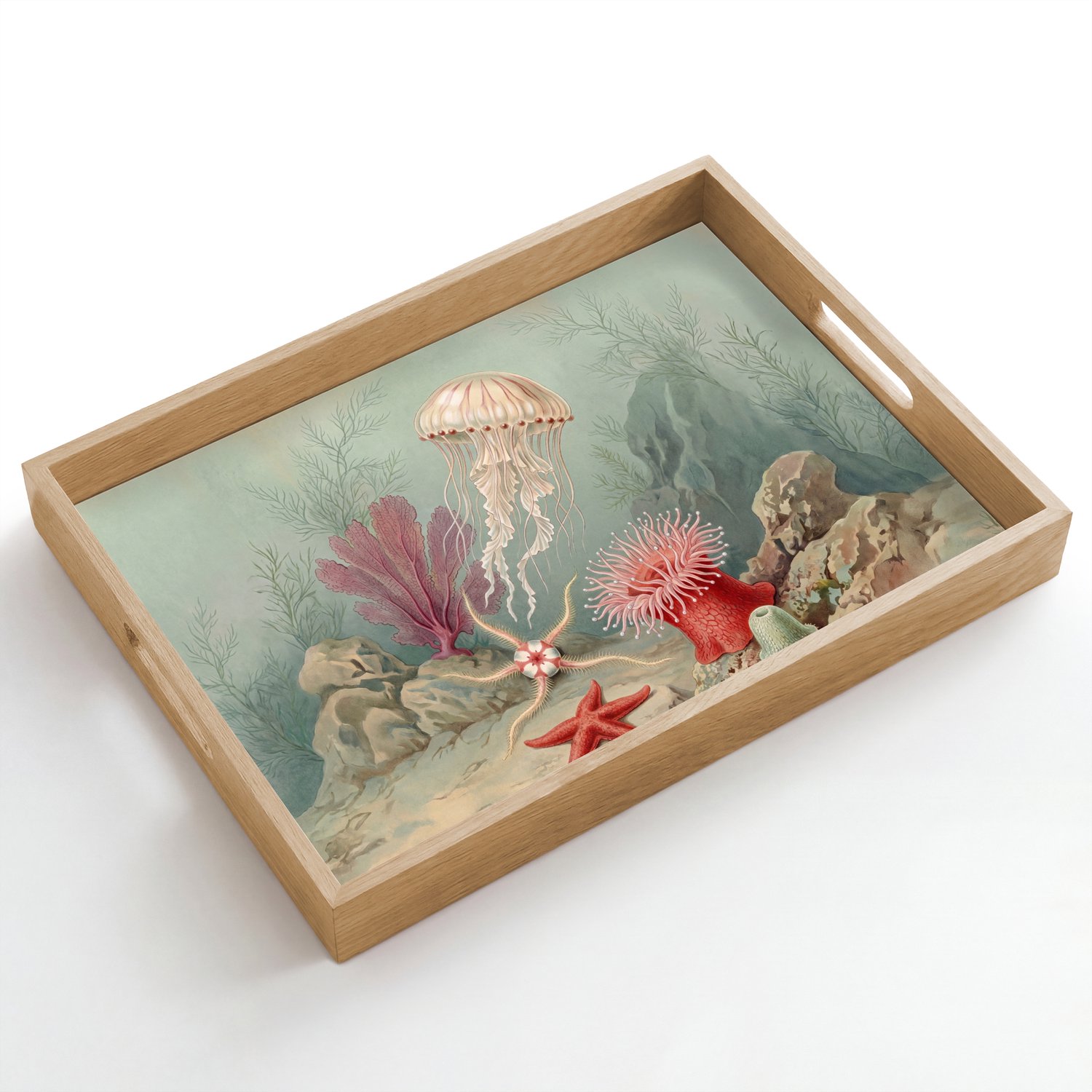 Dienblad hout 50x35 cm - Schootdienblad - Zeeleven - Kwal - Onderwater - Illustratie - Beige - Borrelplank rechthoek - Plateau dienbladen