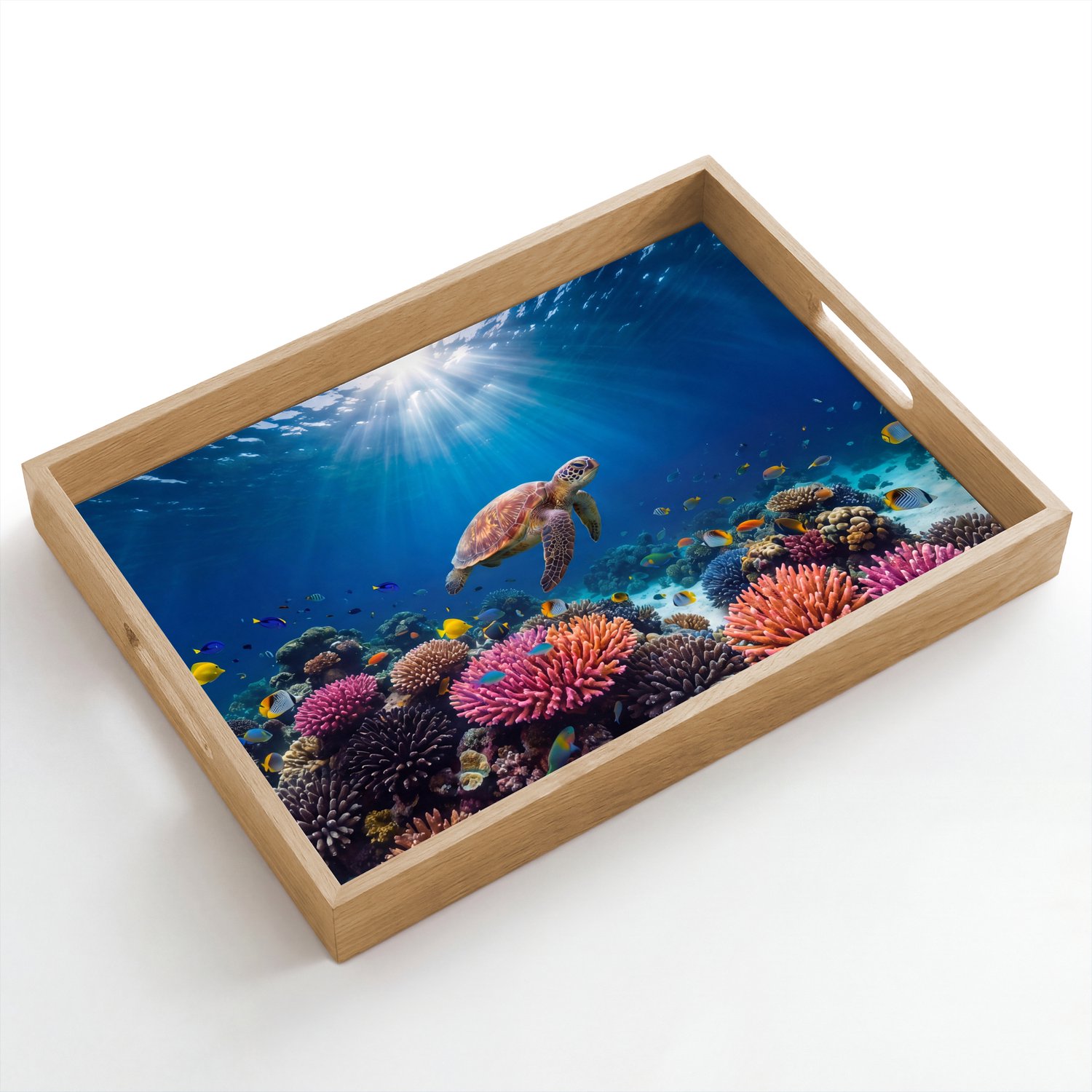 Dienblad hout 50x35 cm - Schootdienblad - Schildpad - Koraalrif - Oceaan - Dieren - Blauw - Borrelplank rechthoek - Plateau dienbladen