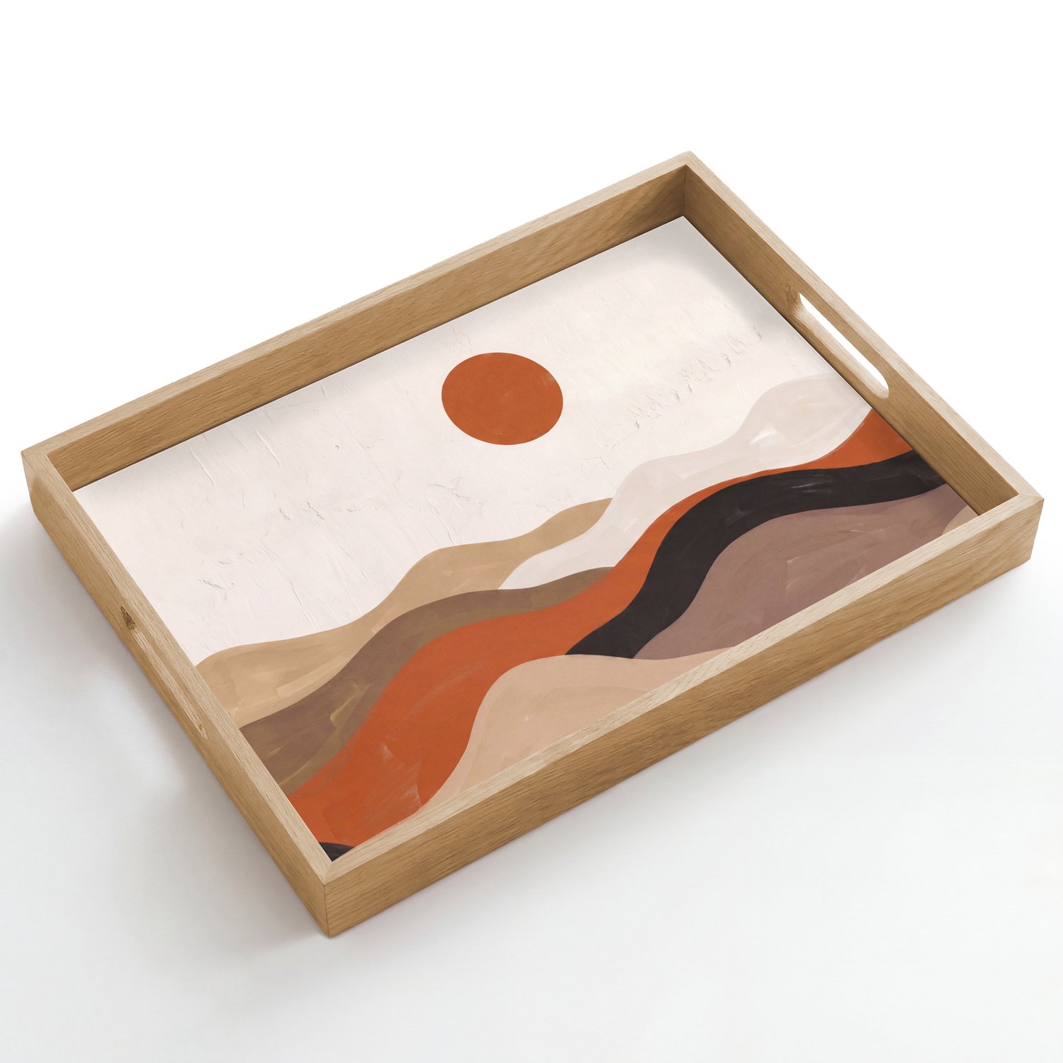 Dienblad hout 50x35 cm - Schootdienblad - Landschap - Heuvels - Zon - Abstract - Oranje - Borrelplank rechthoek - Plateau dienbladen