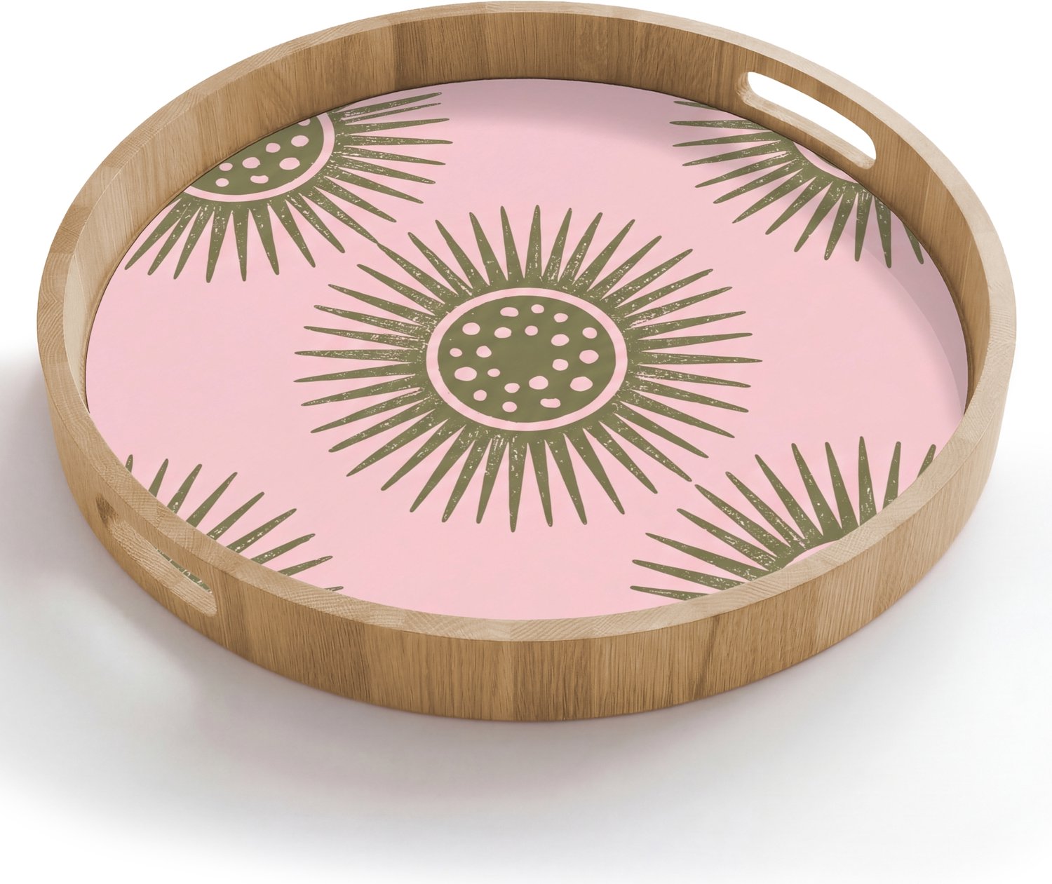 Dienblad rond 50x50 cm - Schootdienblad hout - Bloemen - Patroon - Abstract - Roze - Groen - Borrelplank rechthoek - Plateau houten dienbladen