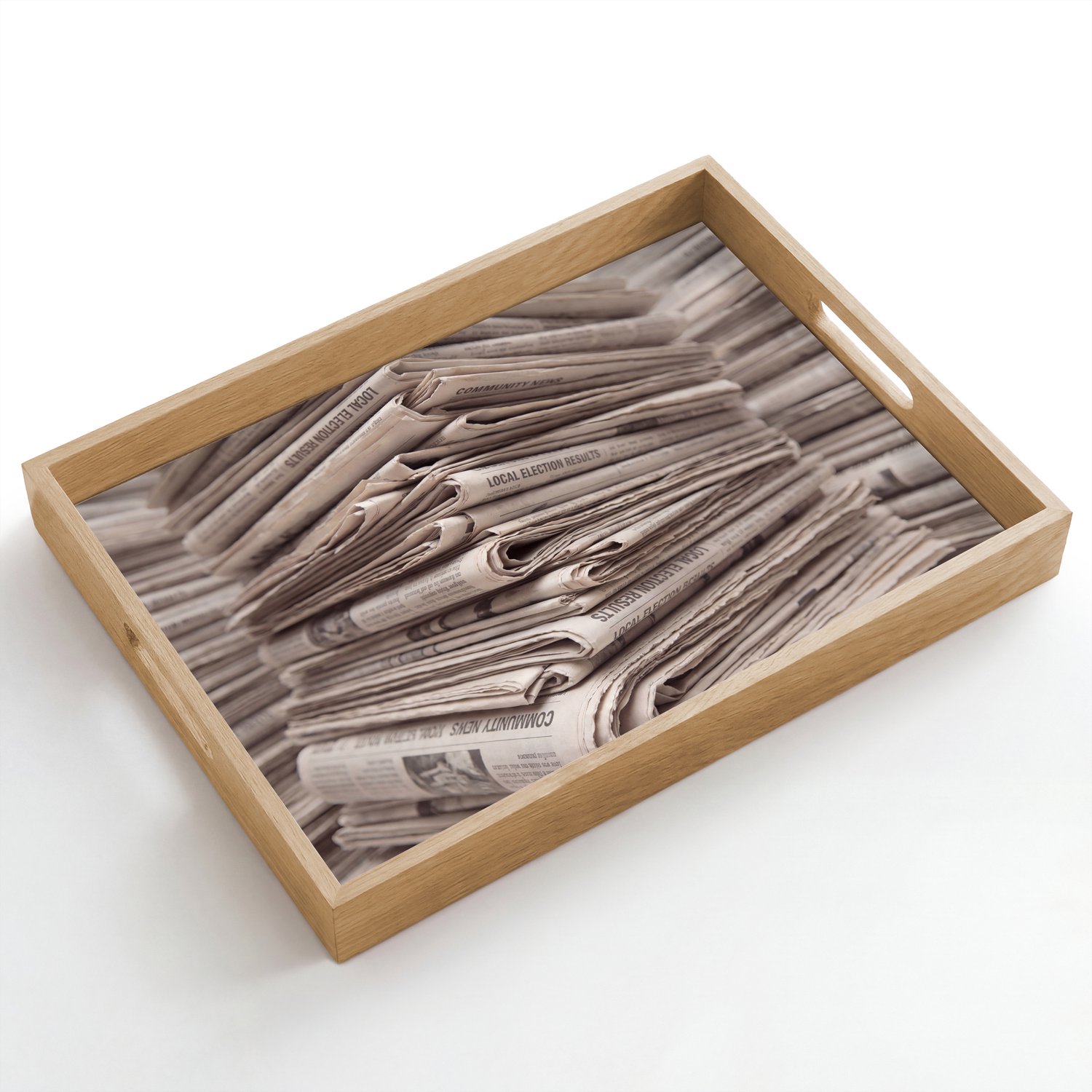 Dienblad hout 50x35 cm - Schootdienblad - Kranten - Stapel - Nieuws - Vintage - Beige - Borrelplank rechthoek - Plateau dienbladen