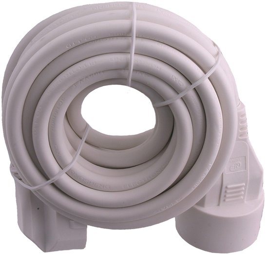 Opgerold wit Exin verlengsnoer met penaarde en 3x1,5mm2 vinylkabel, lengte 5 meter.