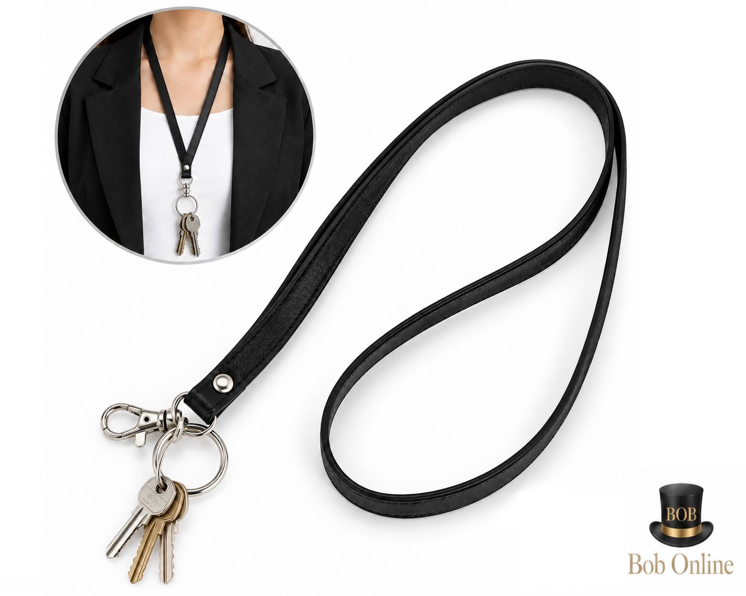 Bob Online™ Sleutelkoord Nekkoord PU Leer – Zwart – 48 cm – Met RVS Sleutelring en Draaibare Karabijnhaak – Lanyard voor Sleutels en Badges - PU Leather Key Lanyard / Neck Strap with Key Ring and Stainless Steel Snap Hook