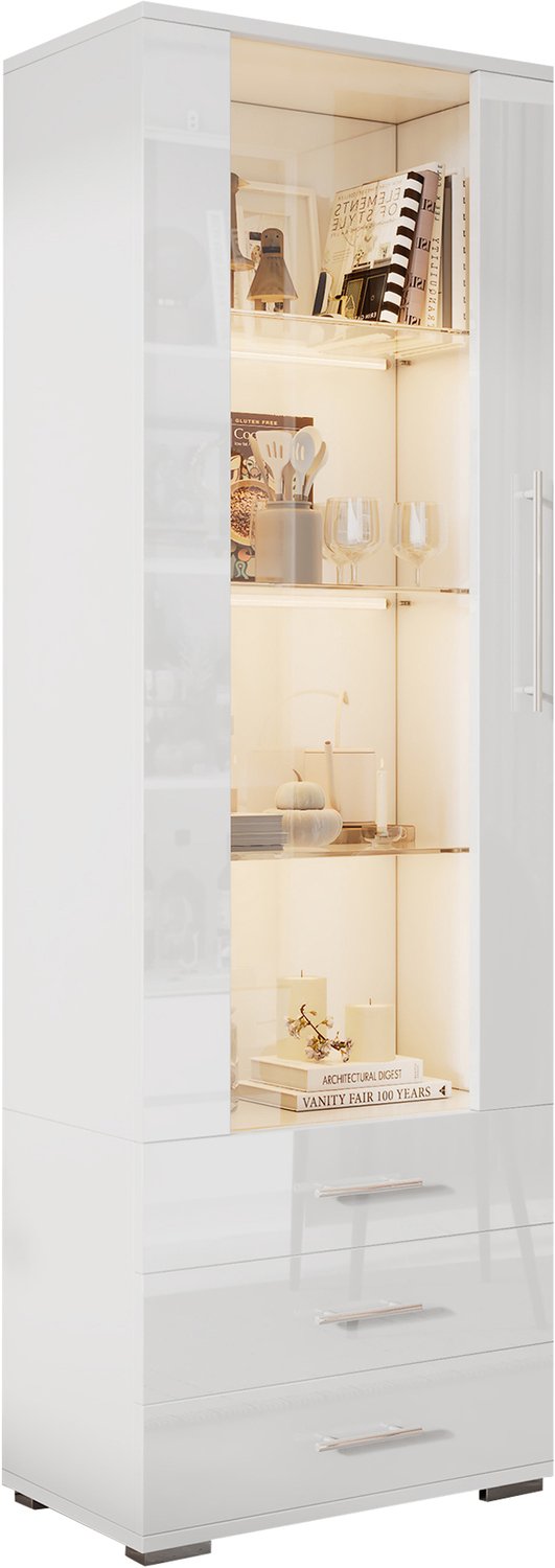 Ropilly Vitrinekast - 60 x 35 x 180 cm - Met 1 deur, 3 laden en LED-verlichting - Witte MDF-kast met hoogglansfront voor woonkamer