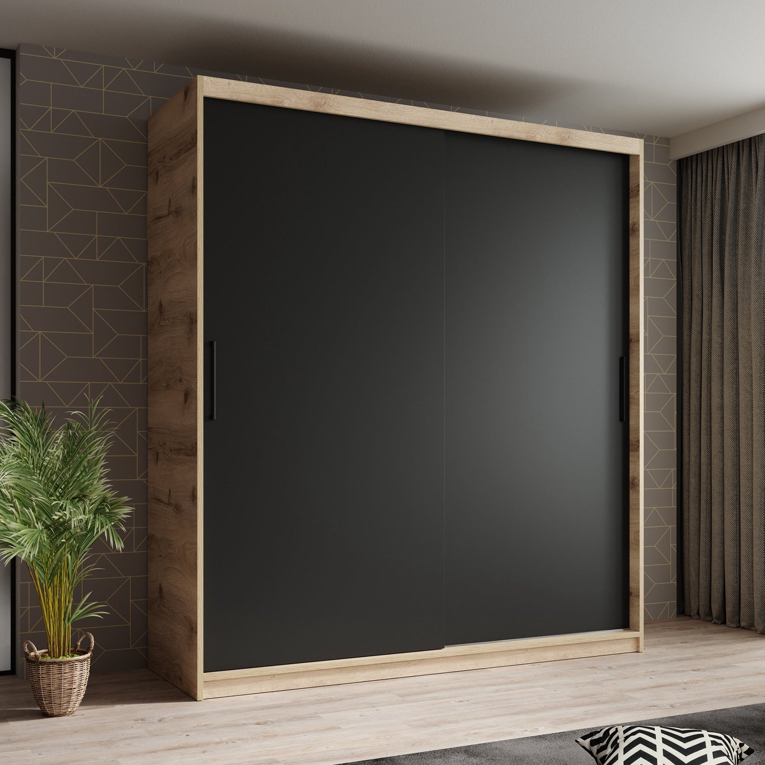 MEUBELLA Kledingkast Luxor - Zwart - Eiken - 180 cm Bruin|Zwart