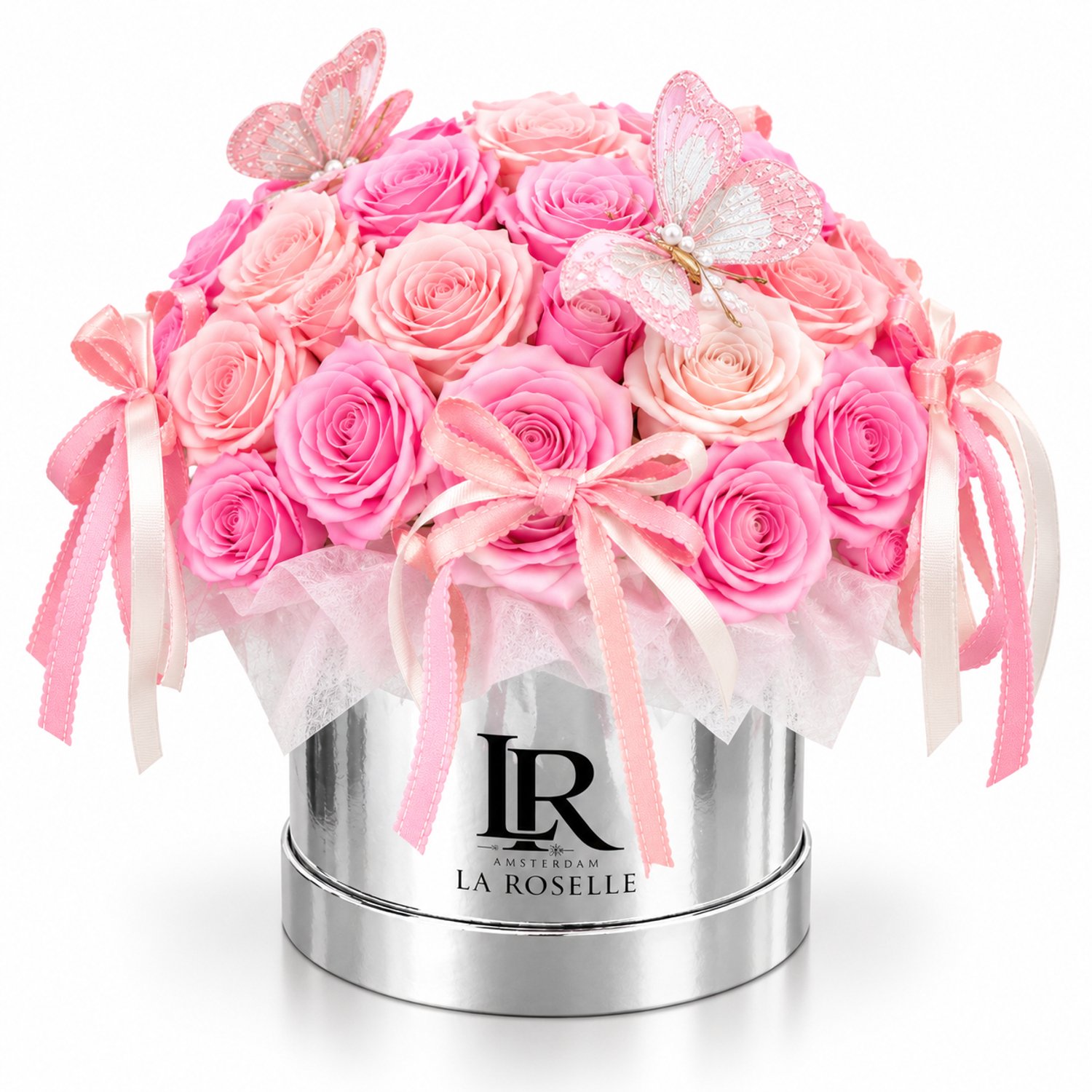 La Roselle Amsterdam 40 Luxe Kunstrozenboeket in Zilveren Flowerbox - Roze Rozen met Vlinders en Satijnen Strikken – Romantisch Bloemencadeau – Verjaardag, feestdagen cadeau