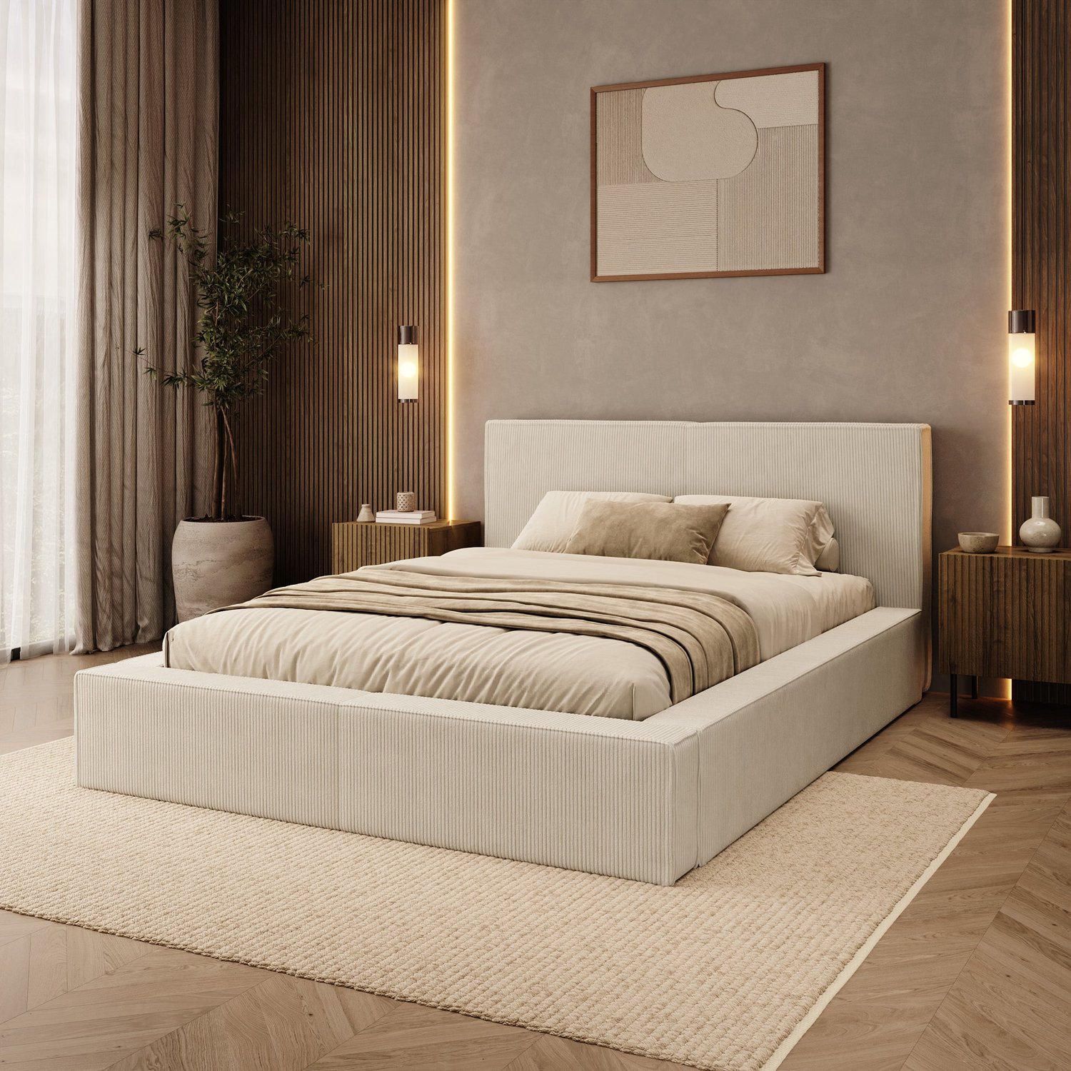 MEUBELLA Vara - Tweepersoonsbed - Ribstof beige - 140x200 cm