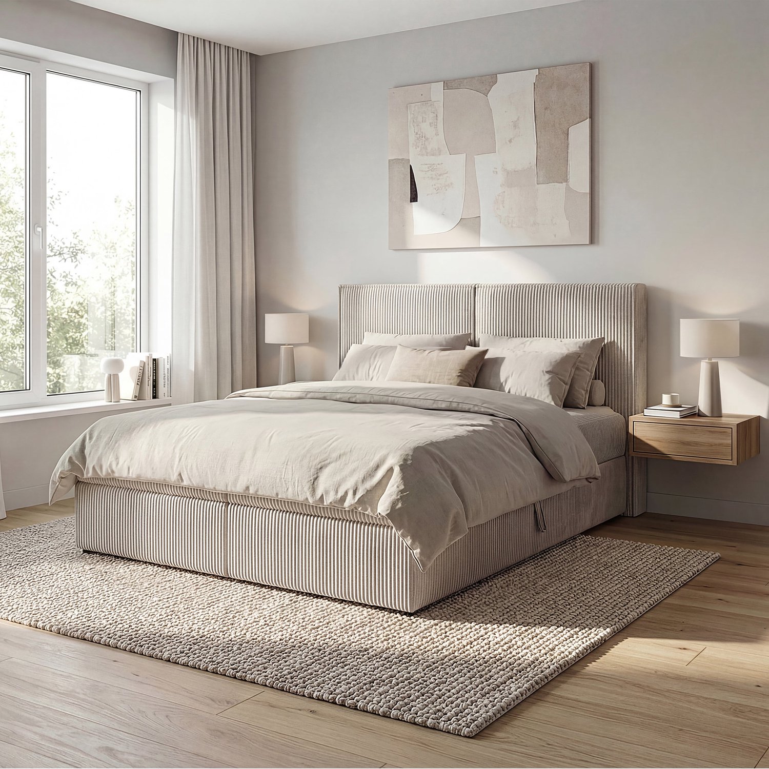 MEUBELLA Iro - Boxspring met opbergruimte - Ribstof beige 160x200 cm