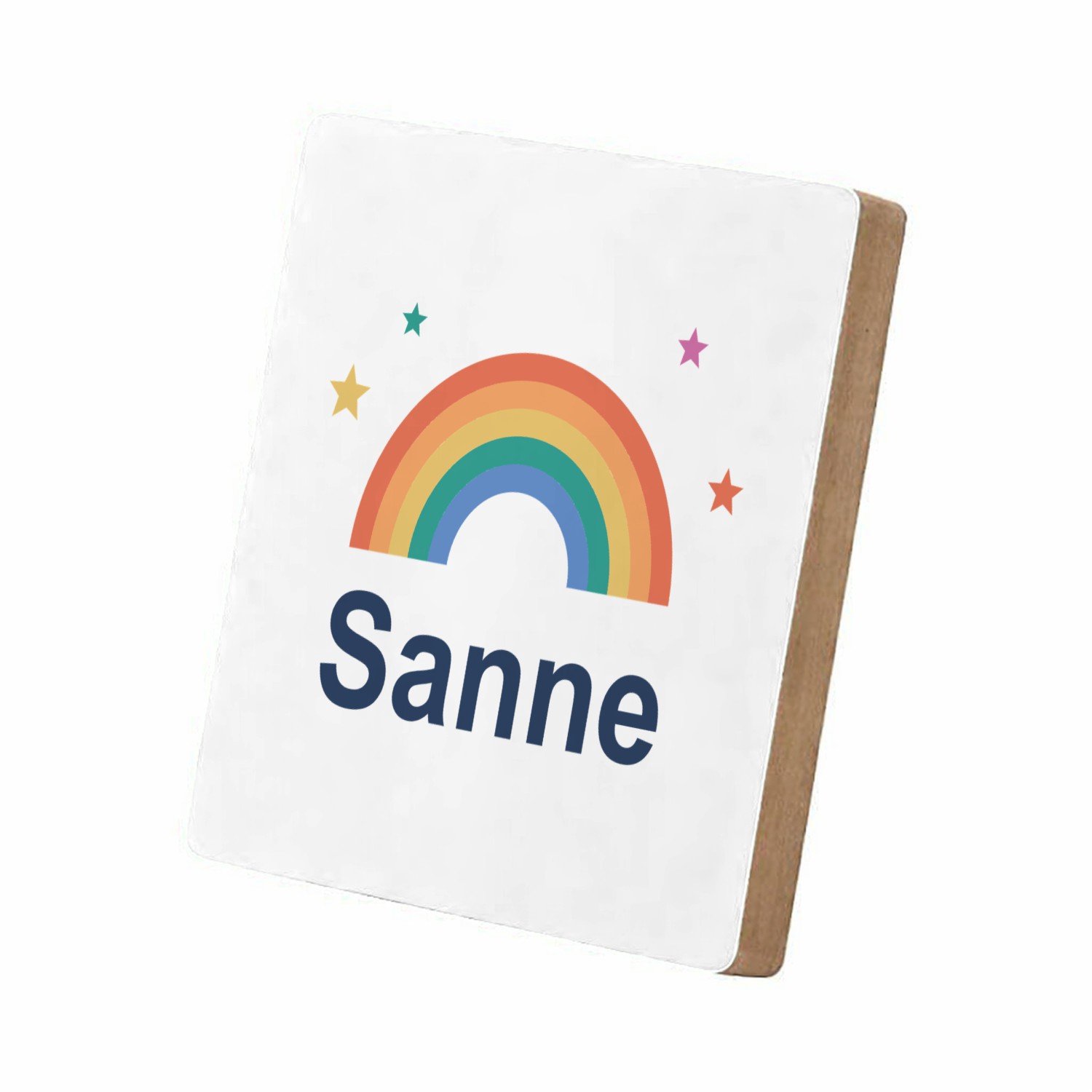 Mr Cadeautjes MDF staande fotolijst 15,2 x 15,2 - design Regenboog met naam Sanne | cadeau Wit