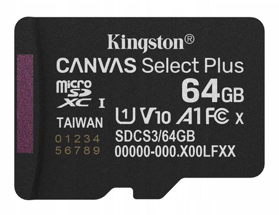 Zwarte Kingston Canvas Select Plus microSDXC-kaart van 64GB met technische specificaties.