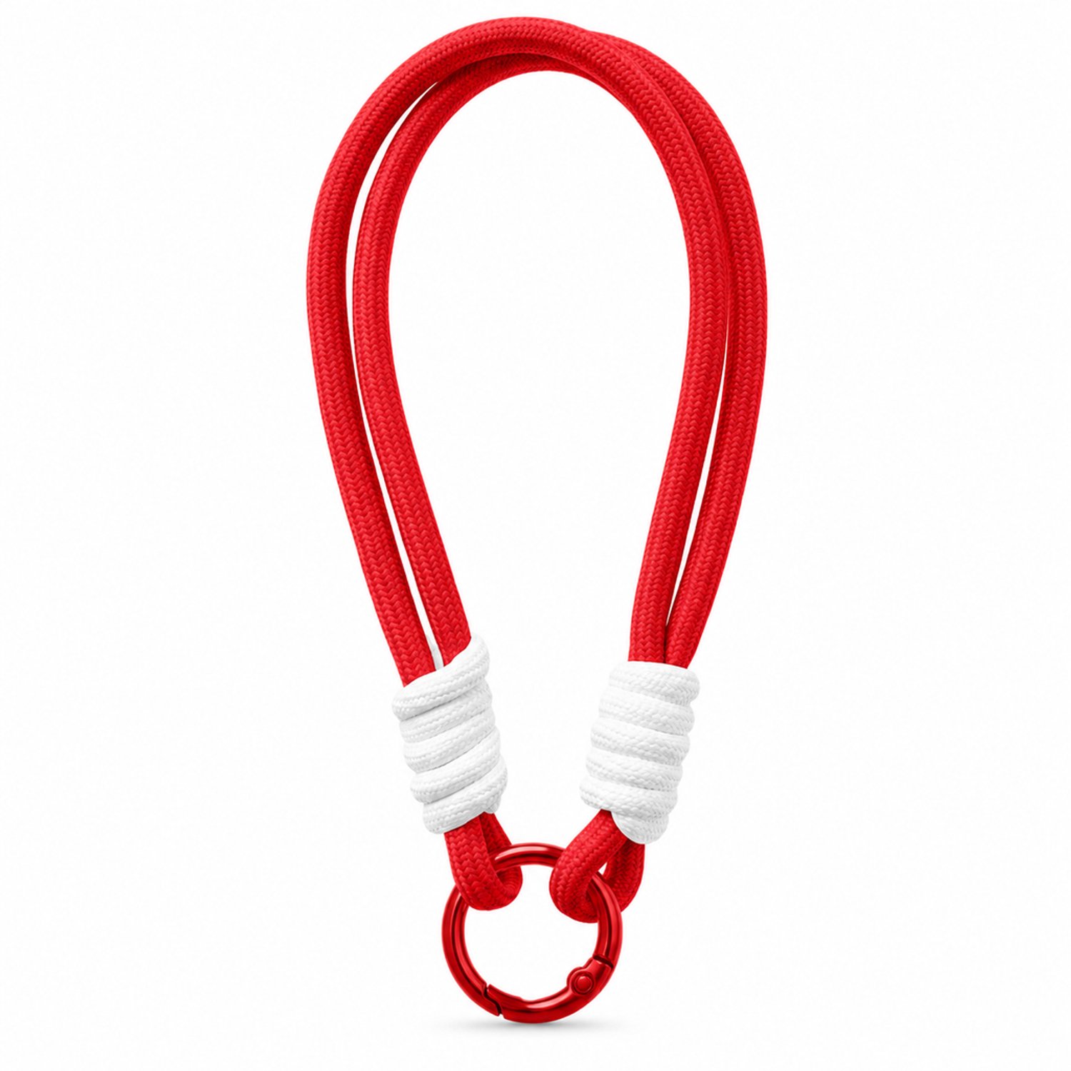 Telefoonkoord 16 cm - rood gevlochten koord met enkele ring en witte wikkelingen - voor sleutels en tassen - los verpakt