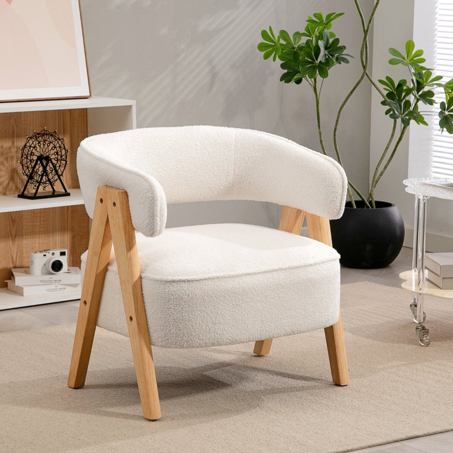 FloraGrace Fauteuil 70 x 64 x 71 cm - Zachte Bekleding en Gebogen Rugleuning - Voor Woonkamer en Werkkamer - Polyester en Hout - Wit