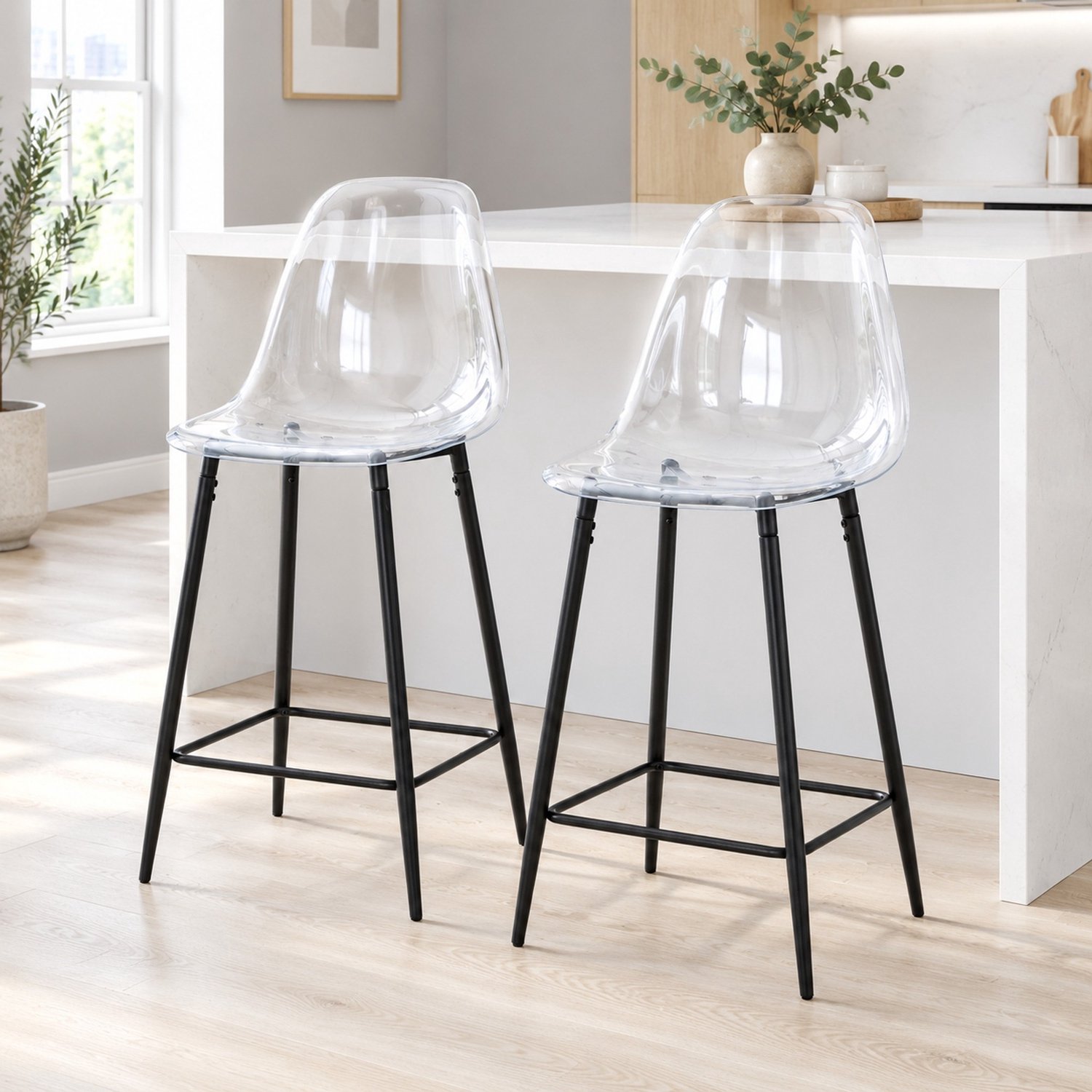 MODFU Barkrukken Set Van 2 - Met Rugleuning En Voetensteun - Modern - Kunststof En Metaal - Transparant En Zwart - 51 X 45 X 102 Cm Transparant, zwart